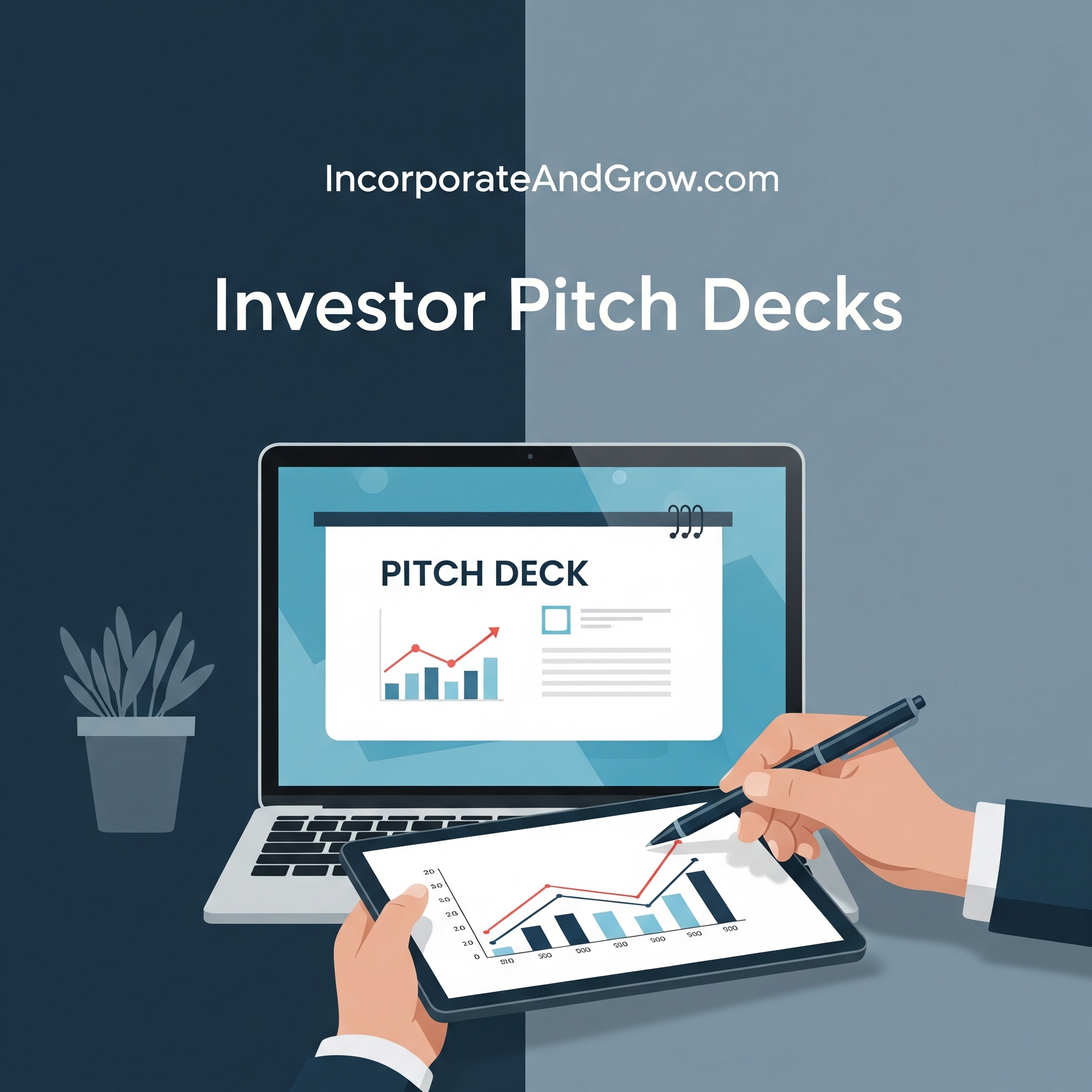 Flat style illustration of a laptop with a pitch deck presentation on screen, hands holding a tablet with a graph, showcasing investor readiness and IncorporateAndGrow.com branding.