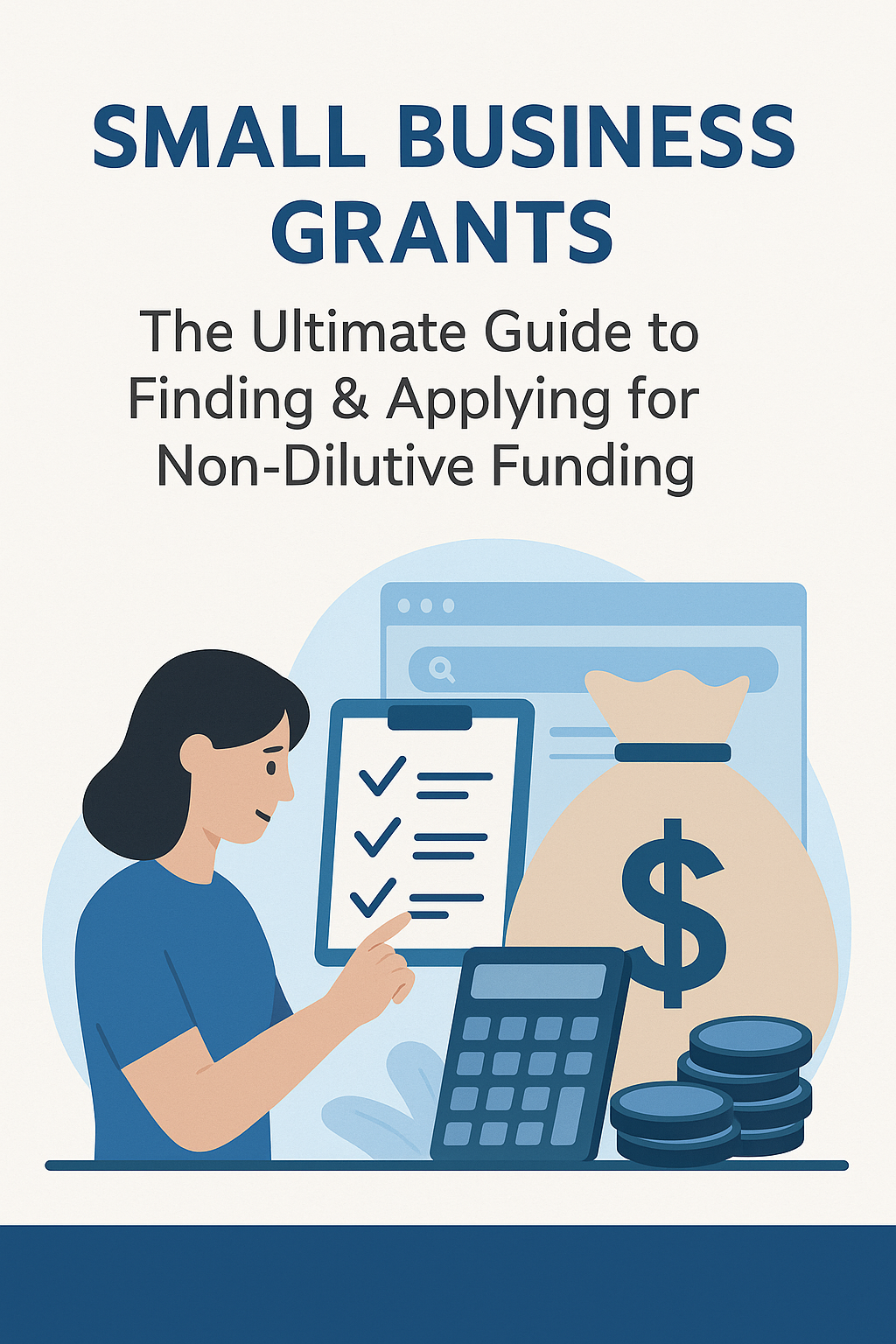 Flat-style digital illustration showing a checklist clipboard and funding icons representing small business grants and non-dilutive funding opportunities.