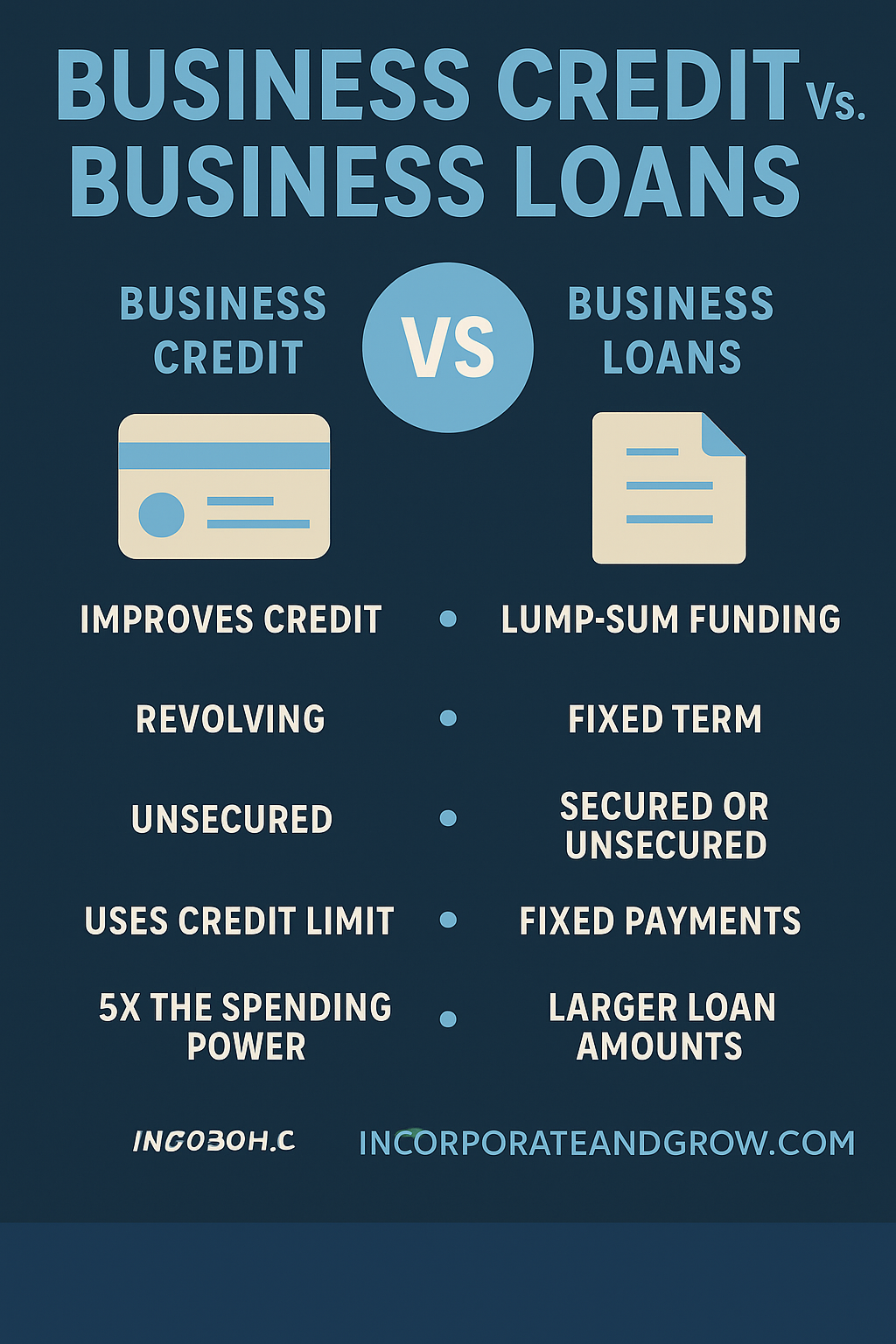 Detailed infographic comparing business credit and business loans in 2025, showing differences in approval time, documentation, interest rates, flexibility, and use cases.