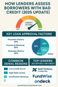 Infographic showing key criteria lenders use to evaluate business loan applications with bad credit, including revenue, time in business, collateral, and cash flow.