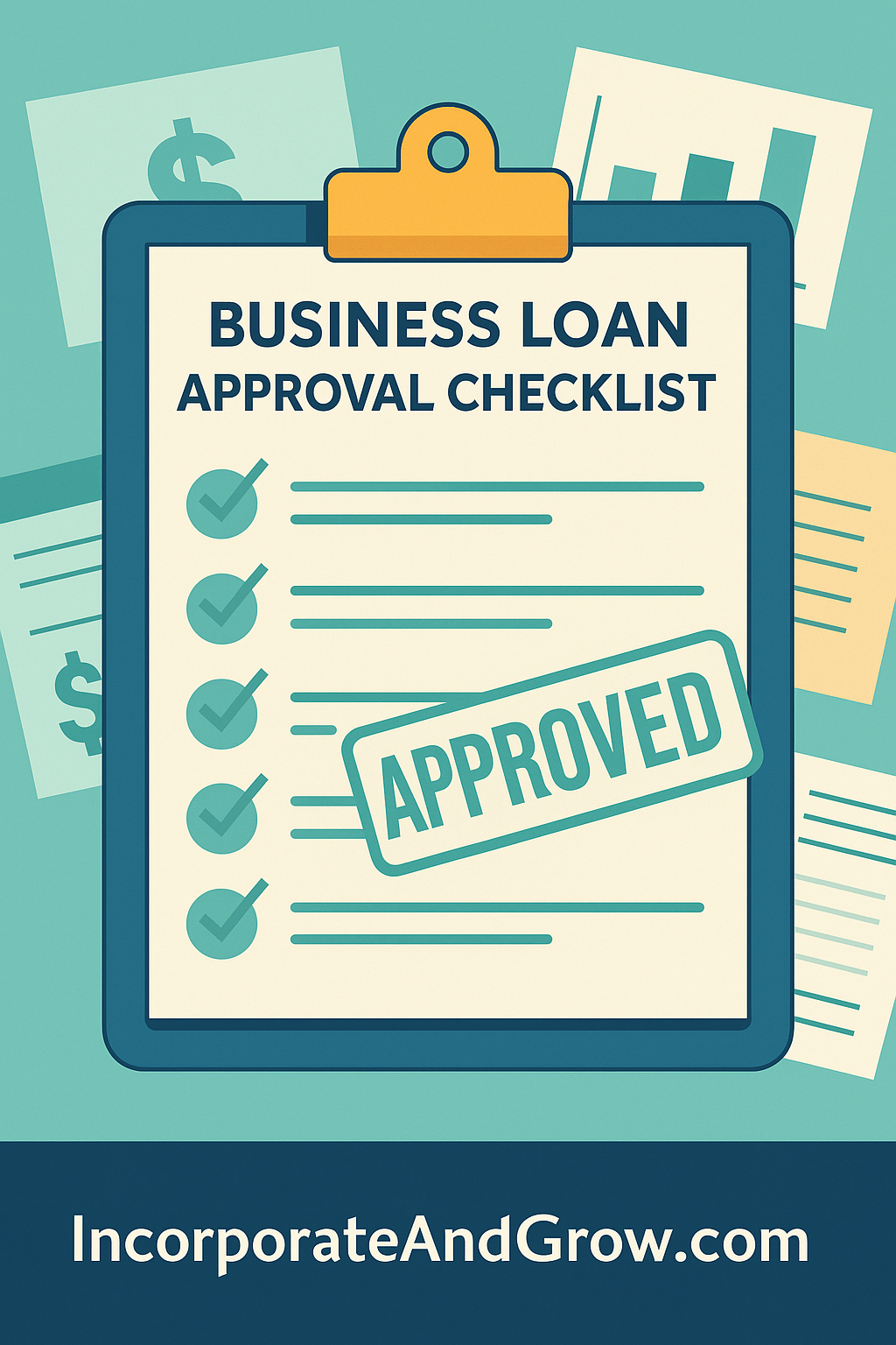 Business loan approval checklist graphic from IncorporateAndGrow.com, showing checklist, financial documents, and approval stamp.