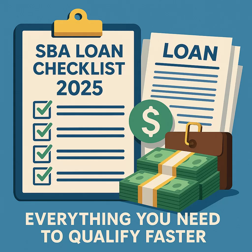 Illustrated checklist graphic showing documents and financial items required for SBA loan qualification in 2025