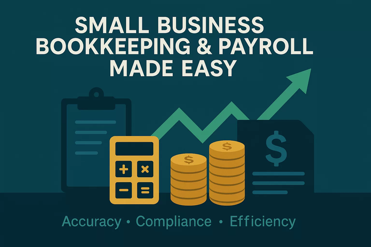 Infographic image showing small business owner managing bookkeeping, payroll, and compliance with financial charts, tax forms, and money icons.