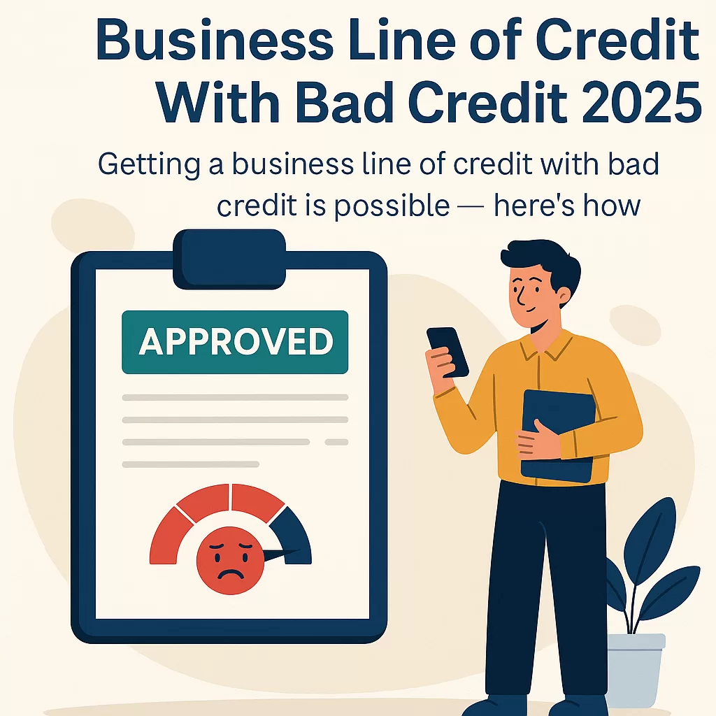 Flat-style illustration of a startup founder submitting a small business loan application with digital documents and approval stamp