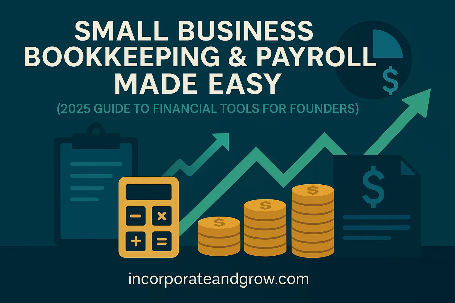 Flat design featured image for Small Business Bookkeeping & Payroll Guide 2025 showing financial tools, payroll forms, calculator, and money graphics.