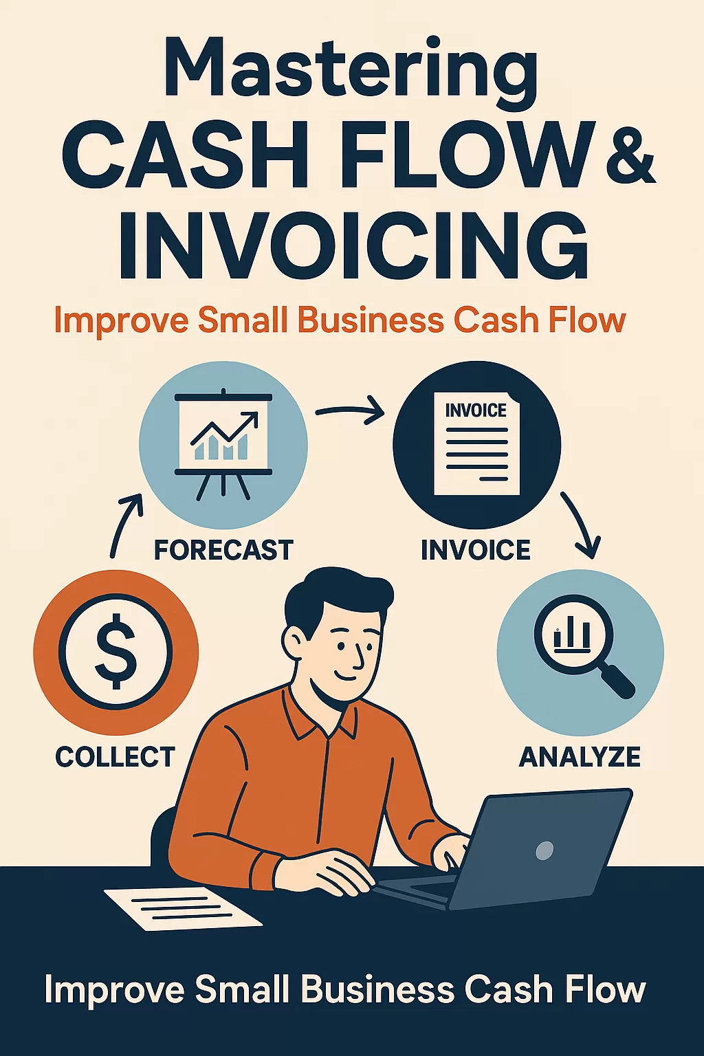 Illustration of small business owner optimizing cash flow and invoicing with automation tools and recurring billing strategies