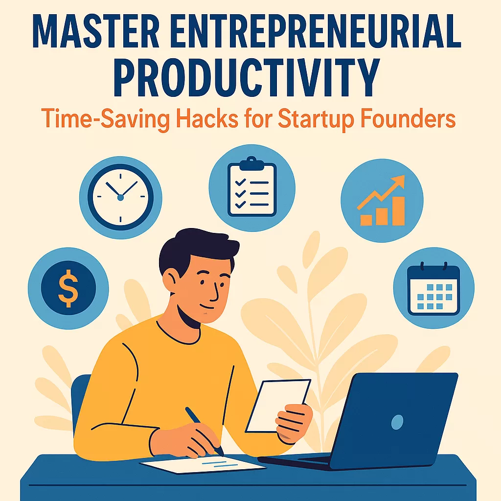 Startup founder using productivity tools with icons of time management, strategy, and financial planning