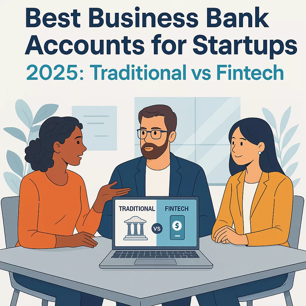 A diverse team of startup founders collaborates over a laptop displaying traditional and fintech banking options, symbolizing financial decision-making in a tech-driven business environment.