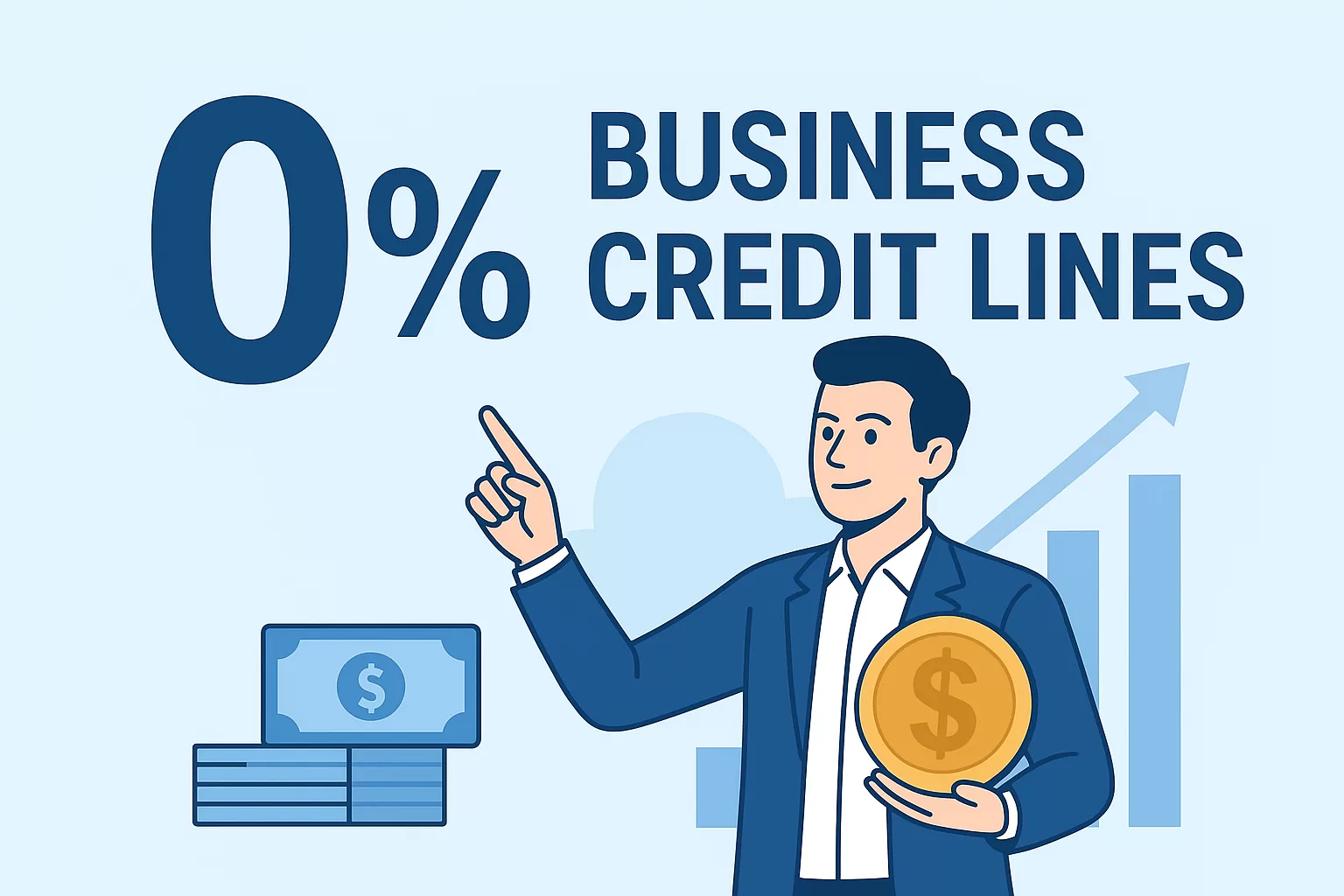 Illustration of a businessman holding a golden dollar coin and pointing at text that reads "0% Business Credit Lines" with money and growth chart icons in the background.