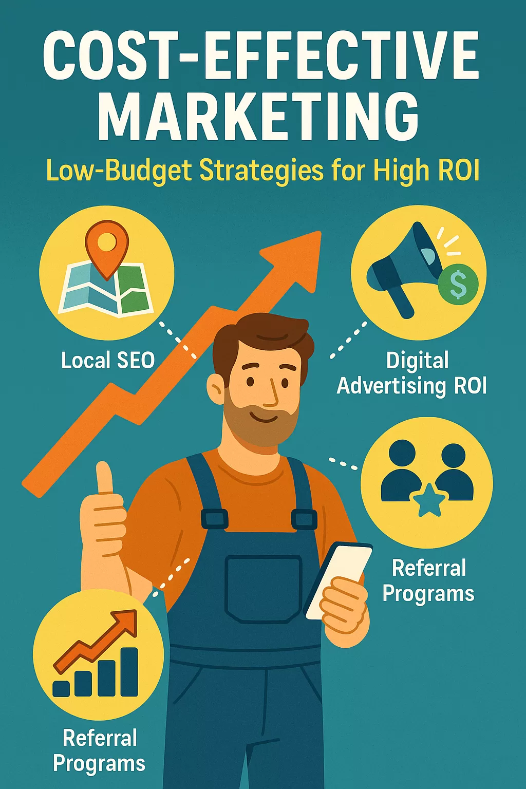 Flat-style digital illustration showing cost-effective marketing strategies for small businesses, including local SEO, referral programs, and digital advertising.