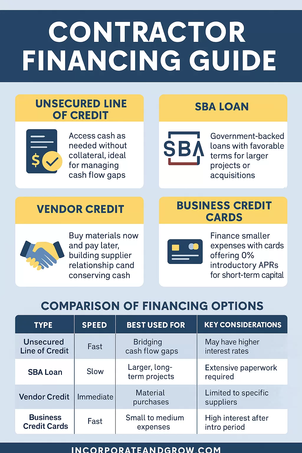 An infographic comparing major contractor financing methods like unsecured funding, SBA loans, and vendor credit.